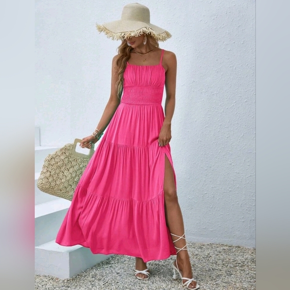 Dresses & Skirts - New Flowy Boho Ruched Cami Maxi Dress Hot Pink